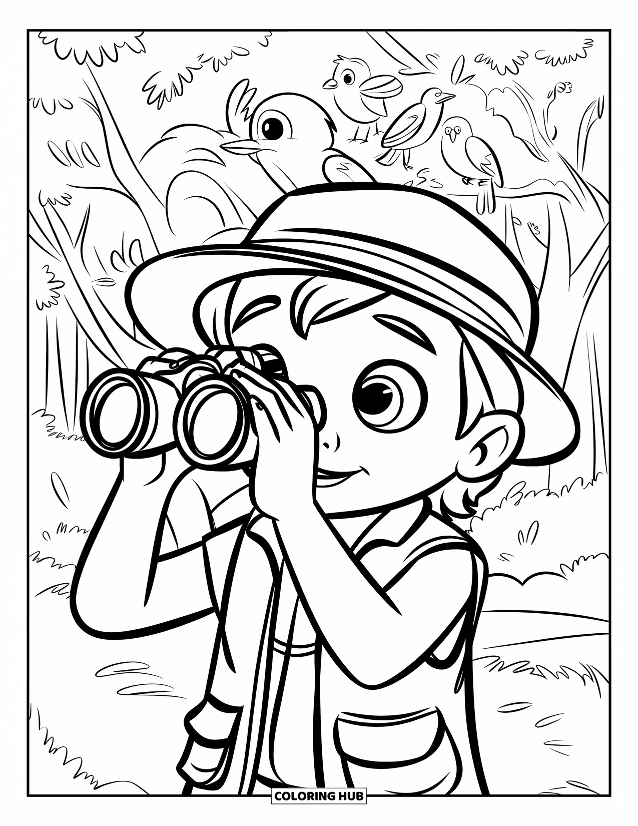 Camping Coloring Page for Kids: A young explorer using binoculars to observe birds perched in the trees