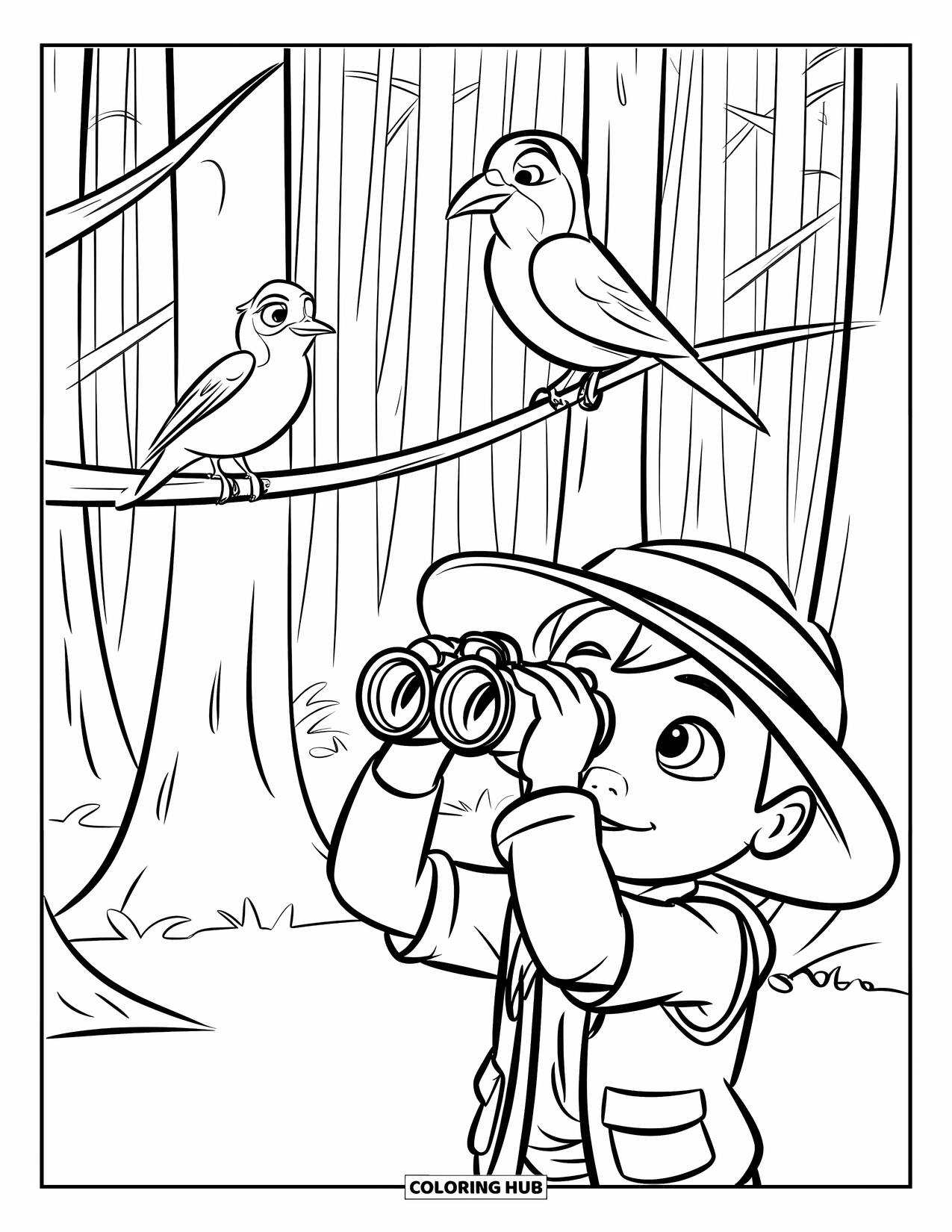 Camping Coloring Page for Kids: An explorer scanning the dense forest for birds, standing among tall trees