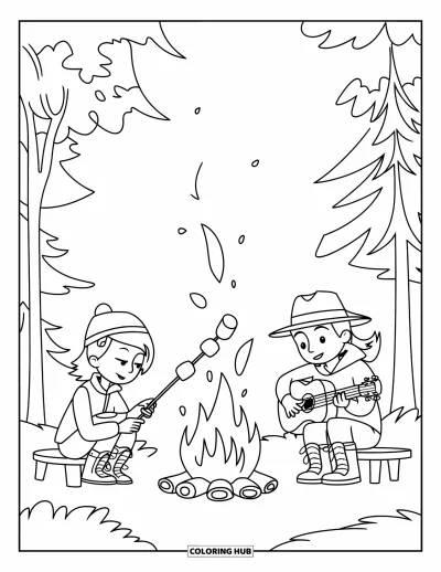 Camping Coloring Page for Kids: Friends gathered around a campfire, roasting marshmallows and playing music
