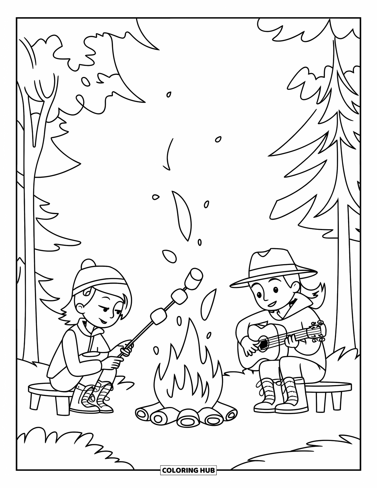 Camping Coloring Page for Kids: Friends gathered around a campfire, roasting marshmallows and playing music