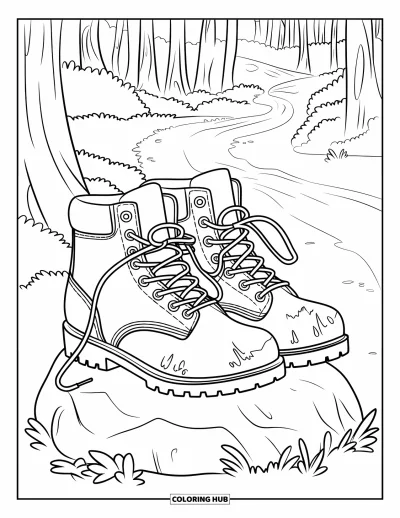 Camping Coloring Page for Kids: Hiking boots with curled laces, placed on a mossy rock along a nature trail