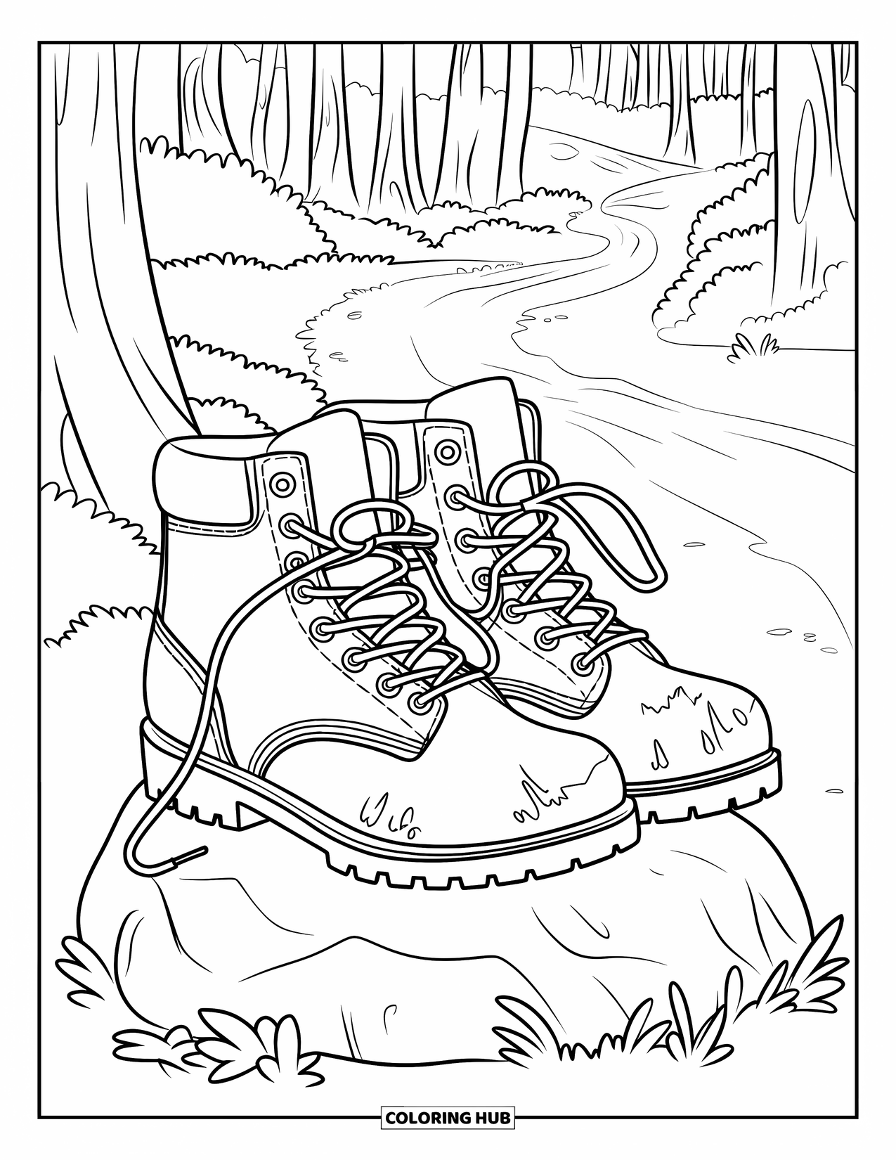 Camping Coloring Page for Kids: Hiking boots with curled laces, placed on a mossy rock along a nature trail