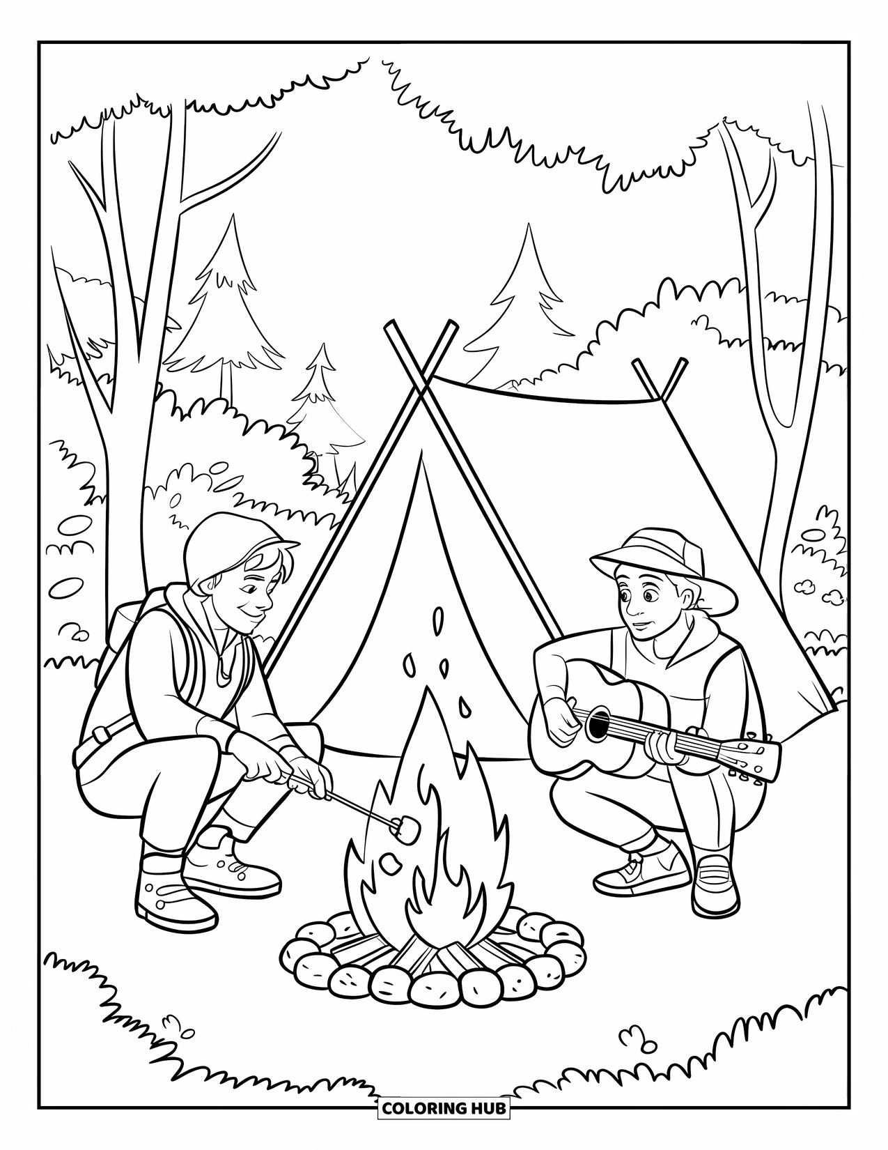 Camping Coloring Page for Kids: Two adventurers by a campfire, one roasting marshmallows, the other playing guitar