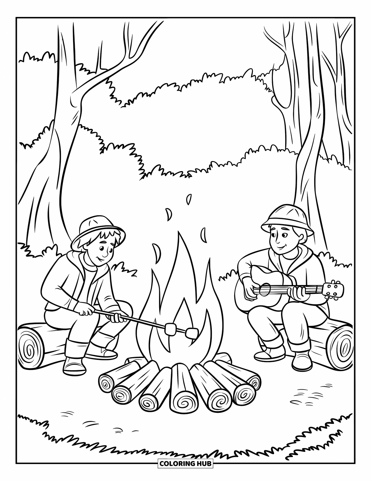 Camping Coloring Page for Kids: Two campers around a fire, surrounded by logs and forest trees