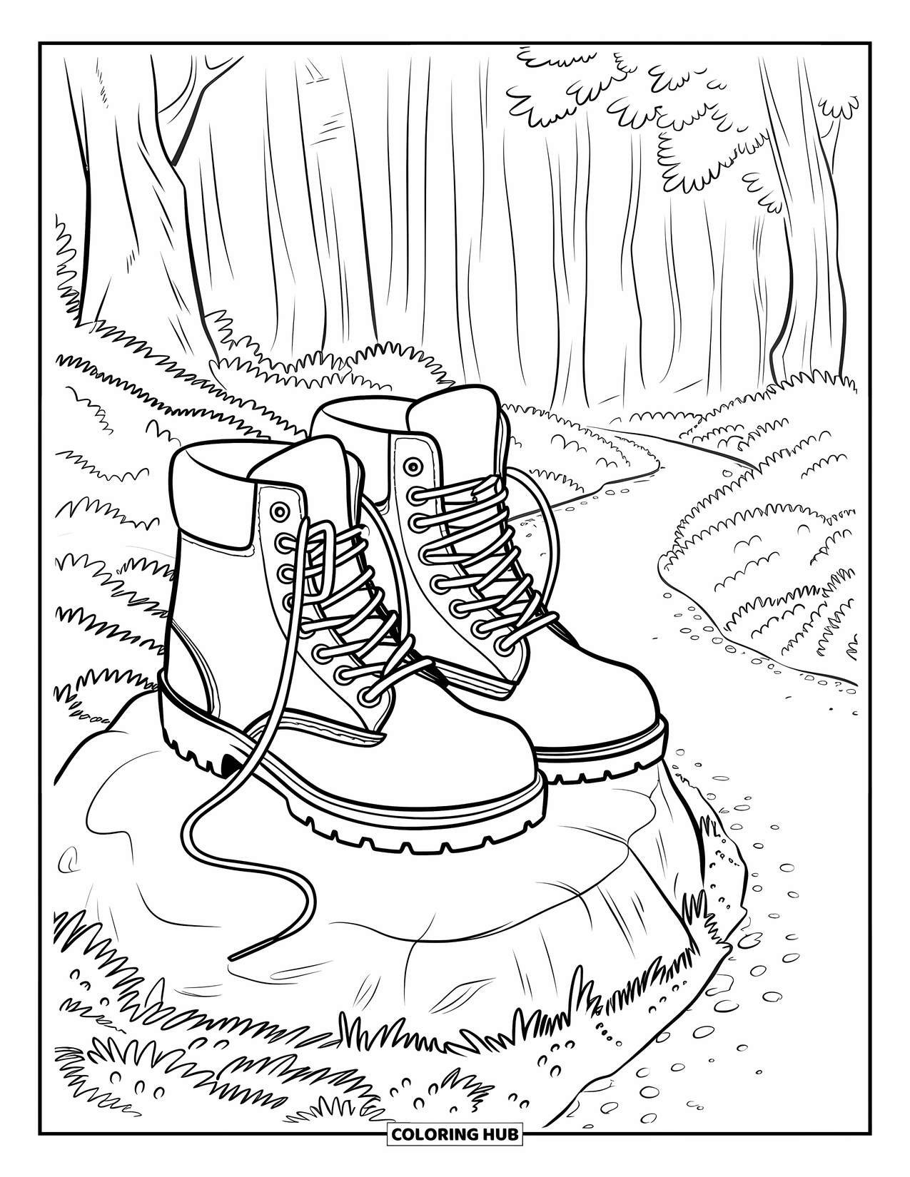 Camping Coloring Page for Kids: Worn hiking boots sitting on a rock, overlooking a forested dirt path