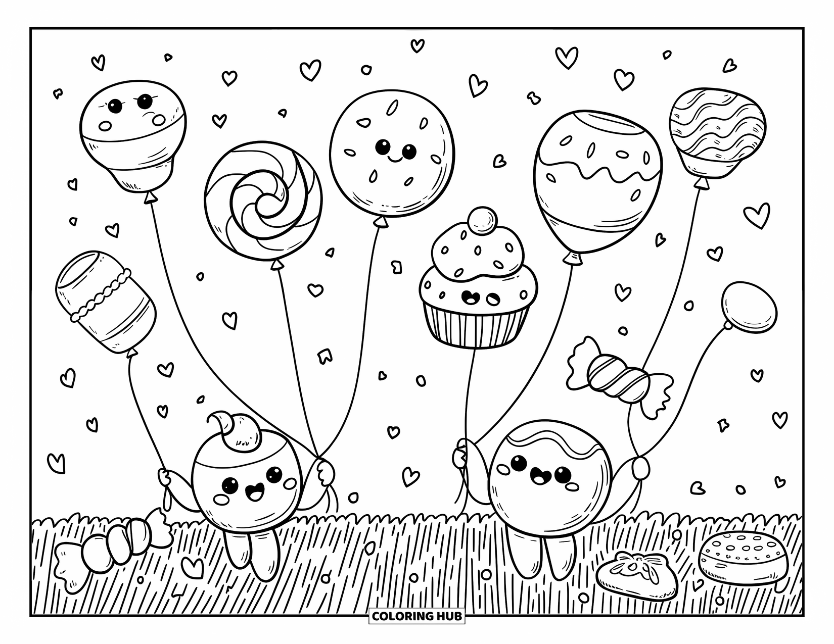 Candy Coloring Page for Adults: A candy balloon festival with balloons shaped like lollipops and cupcakes, surrounded by heart confetti