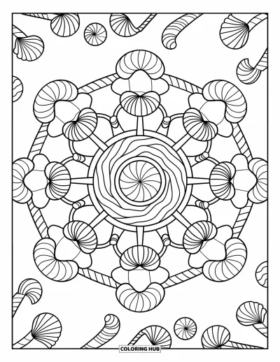 Candy Coloring Page for Adults: A candy mandala made of lollipops, candy canes, and chocolates, forming intricate rings