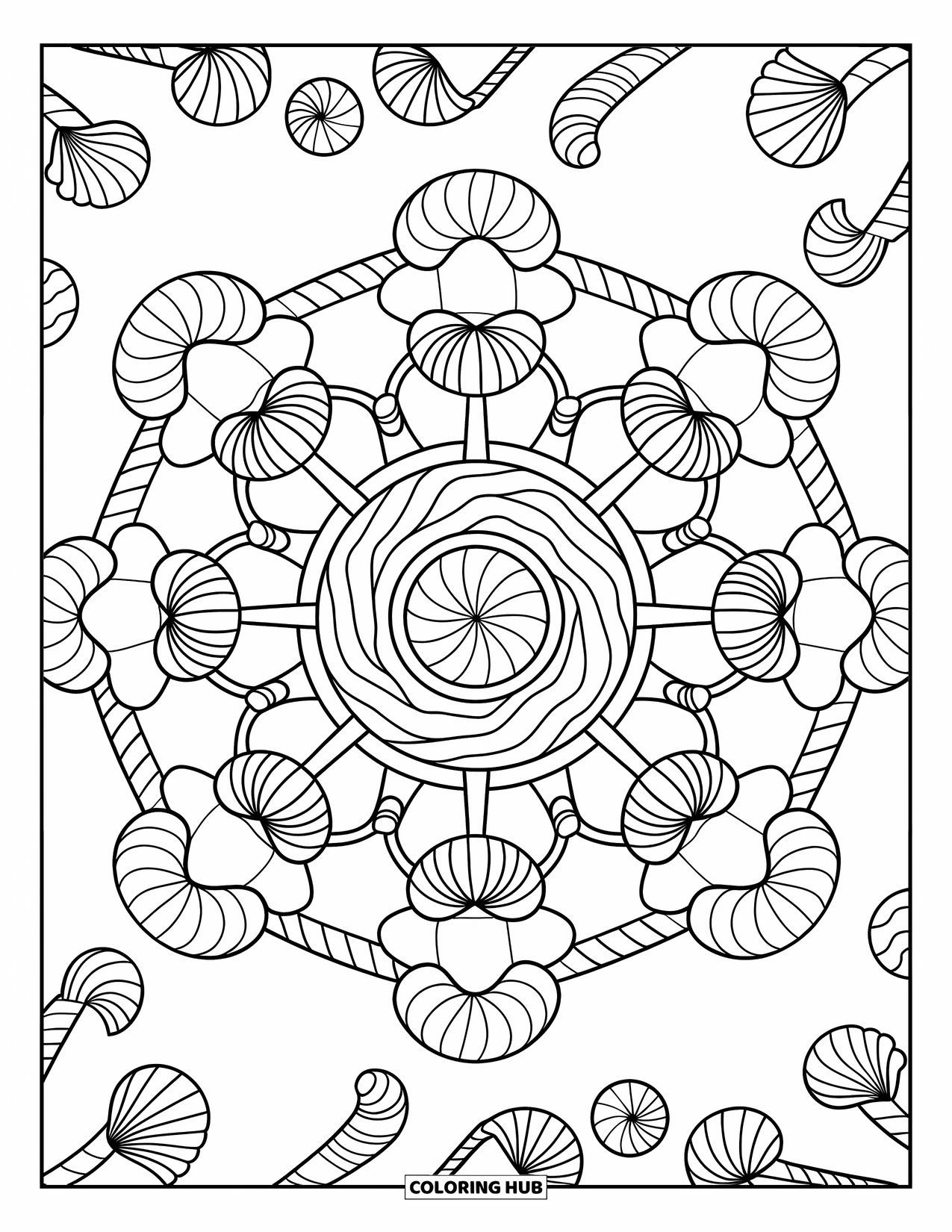 Candy Coloring Page for Adults: A candy mandala made of lollipops, candy canes, and chocolates, forming intricate rings
