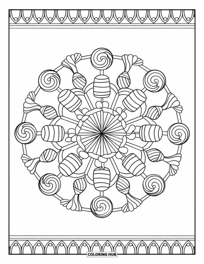 Candy Coloring Page for Adults: A candy mandala with lollipops, candy canes, and chocolates in a circular pattern with a decorative border
