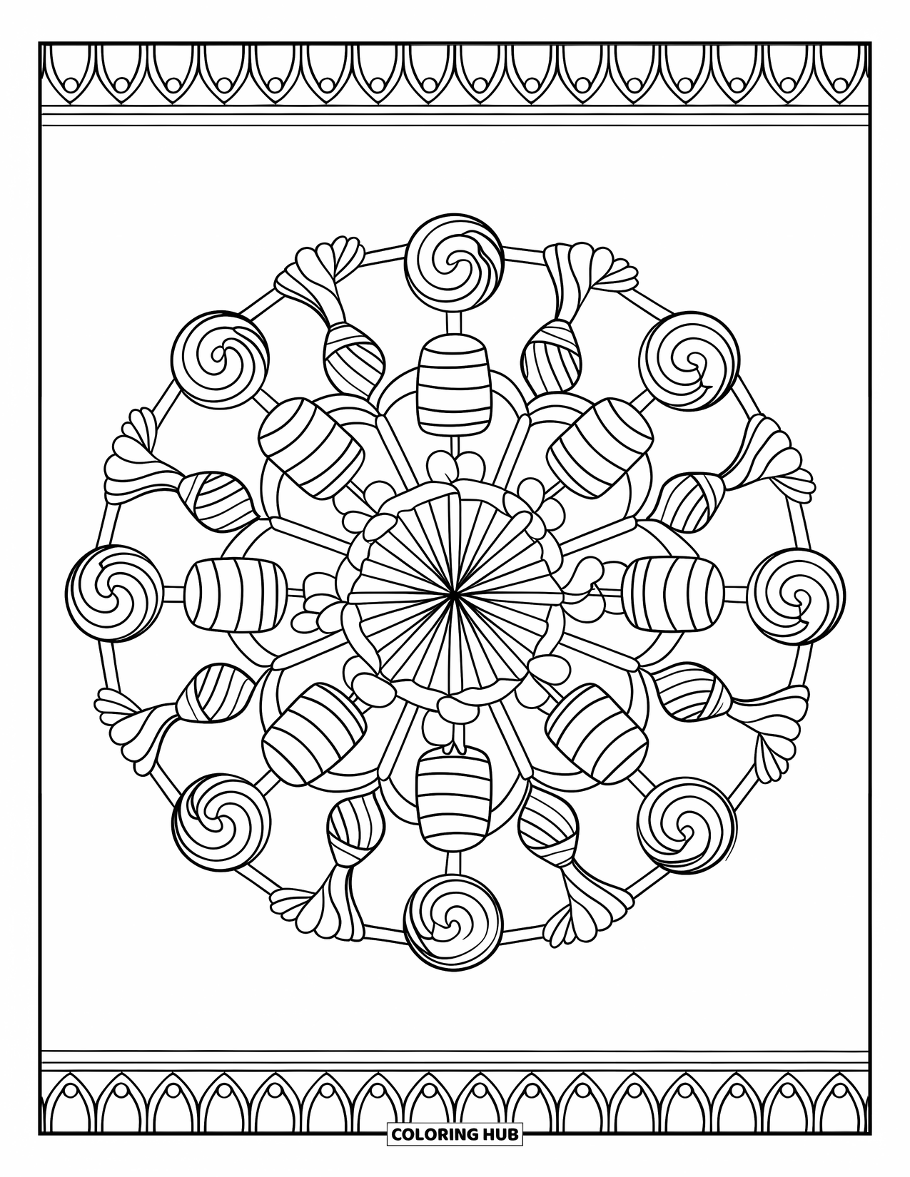 Candy Coloring Page for Adults: A candy mandala with lollipops, candy canes, and chocolates in a circular pattern with a decorative border