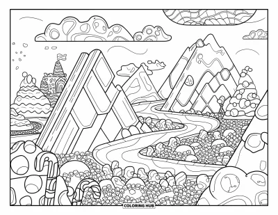 Candy Coloring Page for Adults: A candy planet with chocolate bar mountains, licorice rivers, marshmallow clouds, and candy cane trees