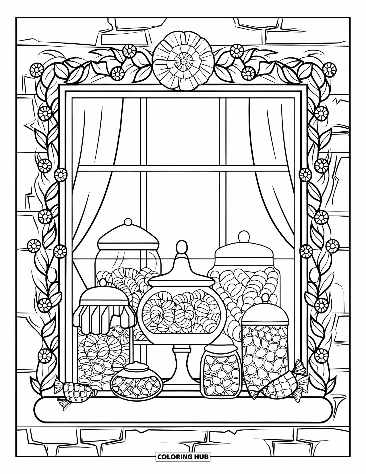 Candy Coloring Page for Adults: A candy shop window with decorative borders, filled with jars of candies and wrapped treats