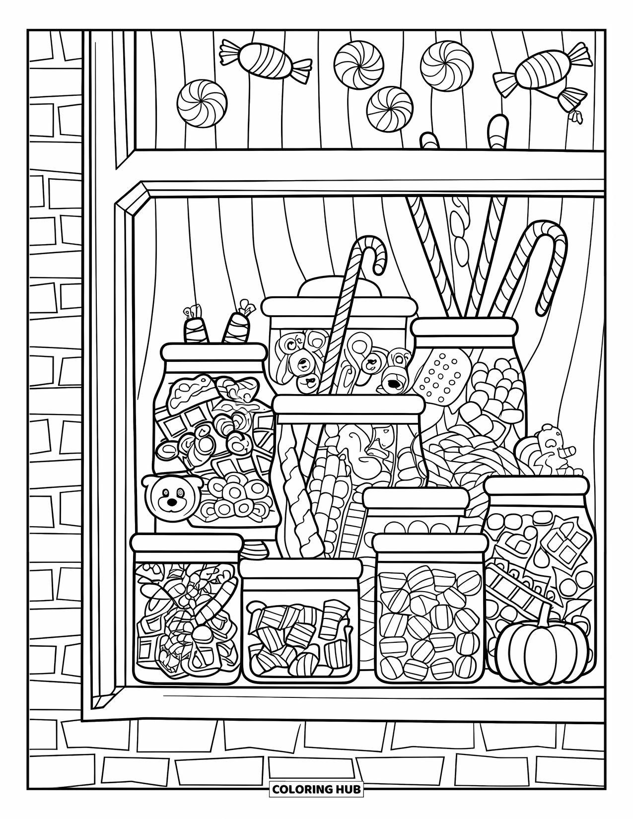Candy Coloring Page for Adults: A candy shop window with jars of candies like gummy bears, licorice, and chocolate bars, framed by brick