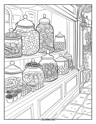 Candy Coloring Page for Adults: A candy shop window with jars of treats and a wooden frame, set in a street with plants and stones