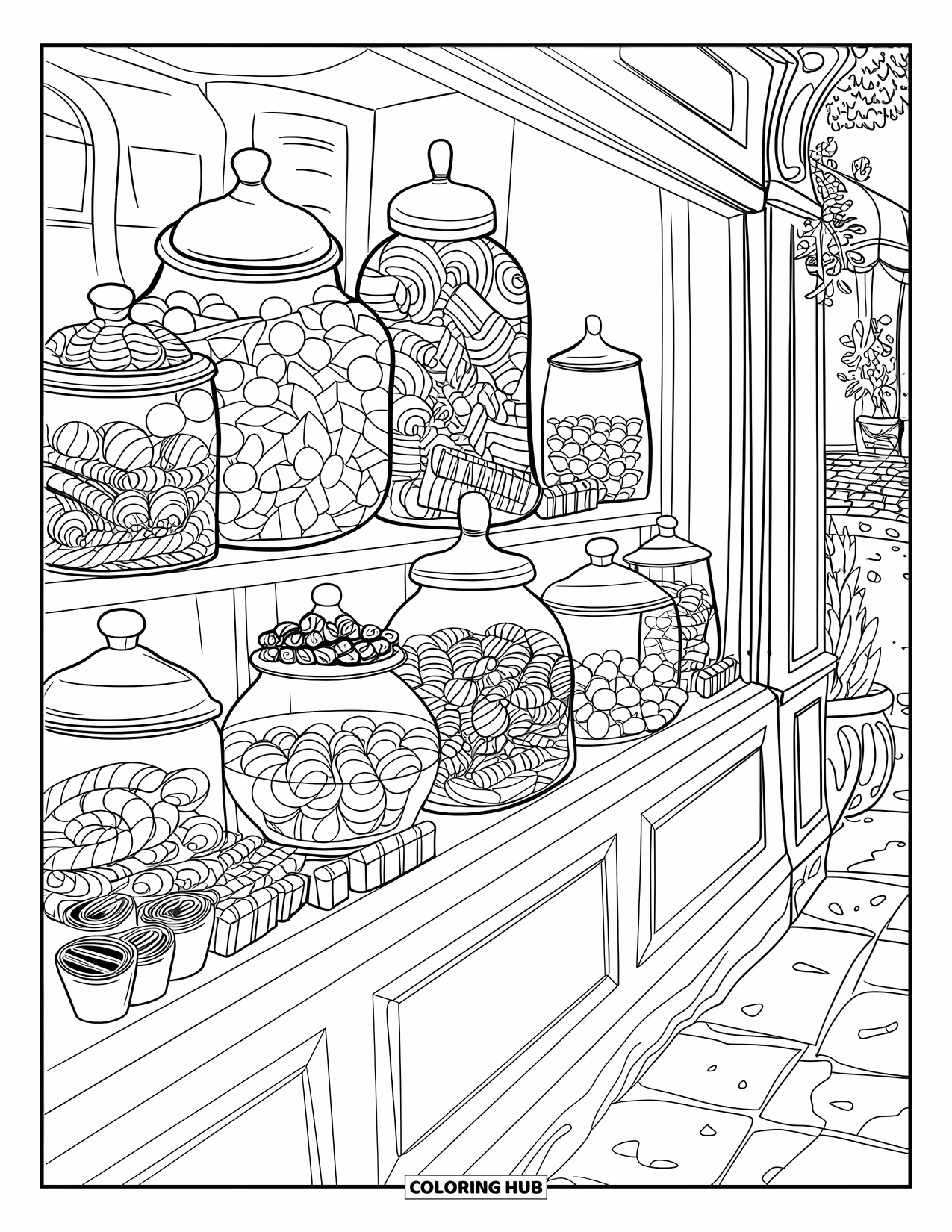 Candy Coloring Page for Adults: A candy shop window with jars of treats and a wooden frame, set in a street with plants and stones