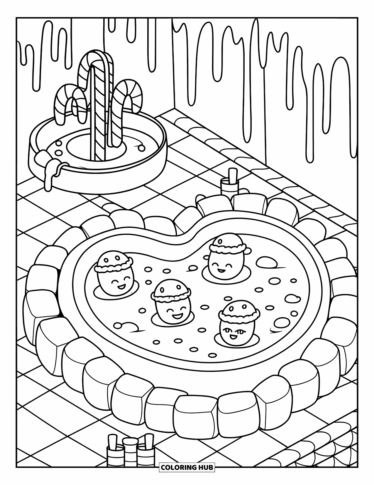 Candy Coloring Page for Adults: A candy-themed spa with a chocolate bath, jellybean characters, and a candy cane fountain nearby