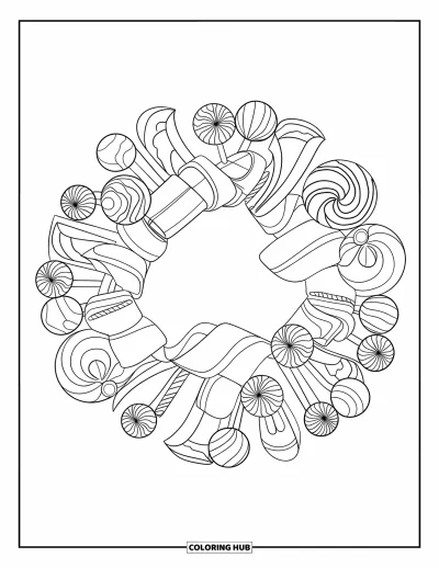 Candy Coloring Page for Adults: A candy wreath made of gumdrops, lollipops, and hard candy, wrapped in detailed ribbons