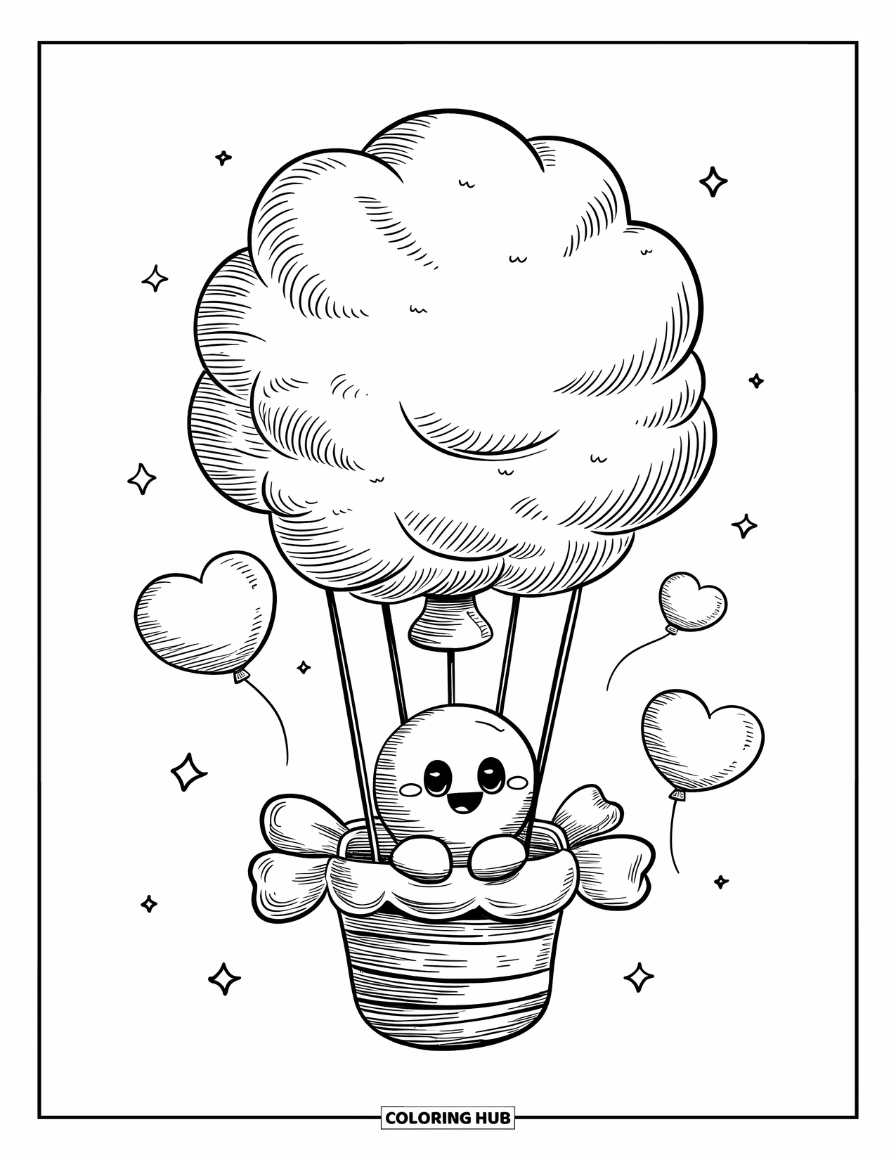 Candy Coloring Page for Adults: A cotton candy balloon ride with a tiny candy character in a sweet basket and heart balloons