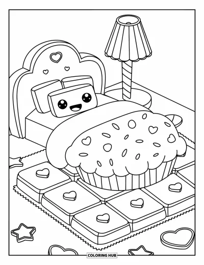 Candy Coloring Page for Adults: A cute bedroom with a cupcake bed, lollipop lamp, and candy-themed pillows