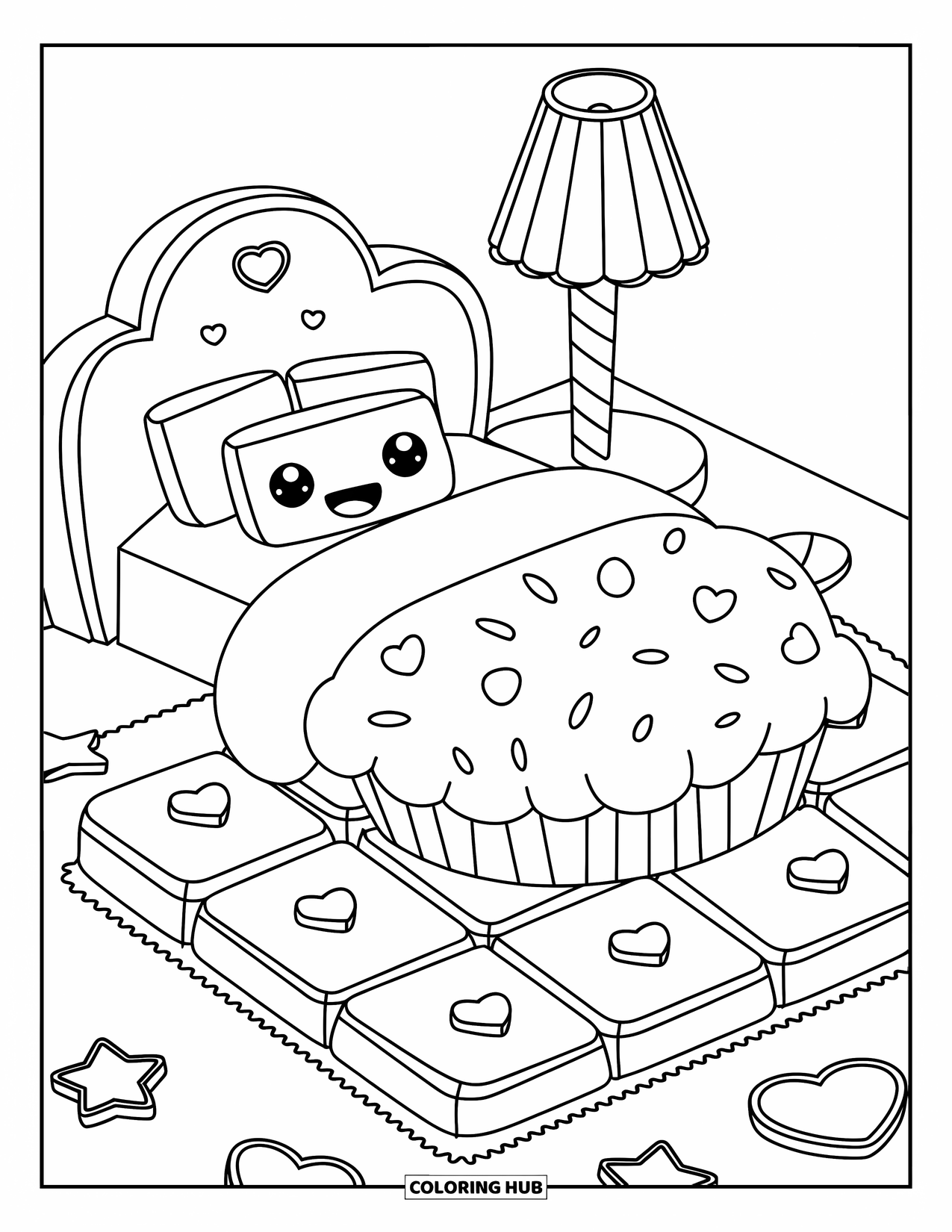 Candy Coloring Page for Adults: A cute bedroom with a cupcake bed, lollipop lamp, and candy-themed pillows