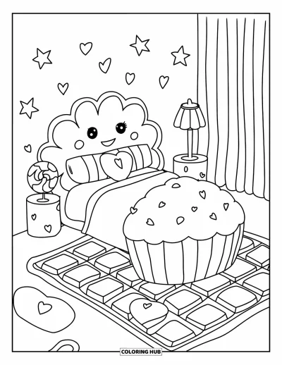 Candy Coloring Page for Adults: A cute bedroom with a cupcake-shaped bed, lollipop lamp, and candy pillows scattered around