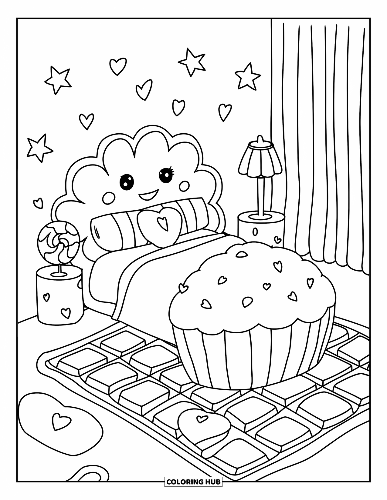 Candy Coloring Page for Adults: A cute bedroom with a cupcake-shaped bed, lollipop lamp, and candy pillows scattered around