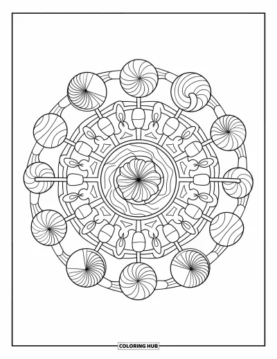 Candy Coloring Page for Adults: A detailed candy mandala with lollipops, candy canes, and chocolates, perfect for intricate coloring