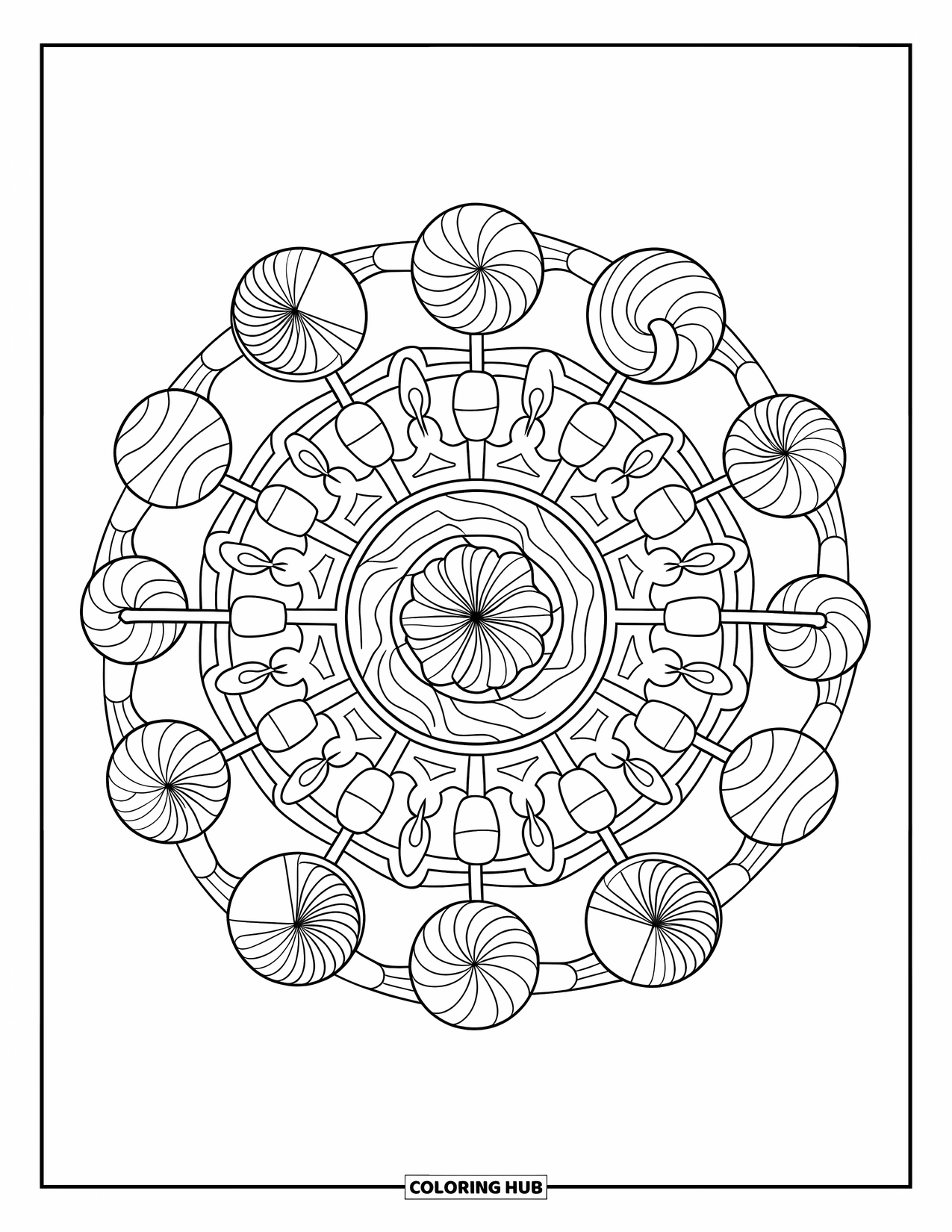 Candy Coloring Page for Adults: A detailed candy mandala with lollipops, candy canes, and chocolates, perfect for intricate coloring