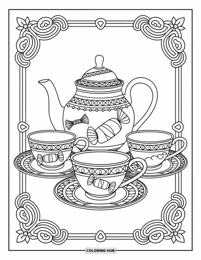 Candy Coloring Page for Adults: A detailed tea set decorated with candy motifs, featuring swirls, wrappers, and jelly beans