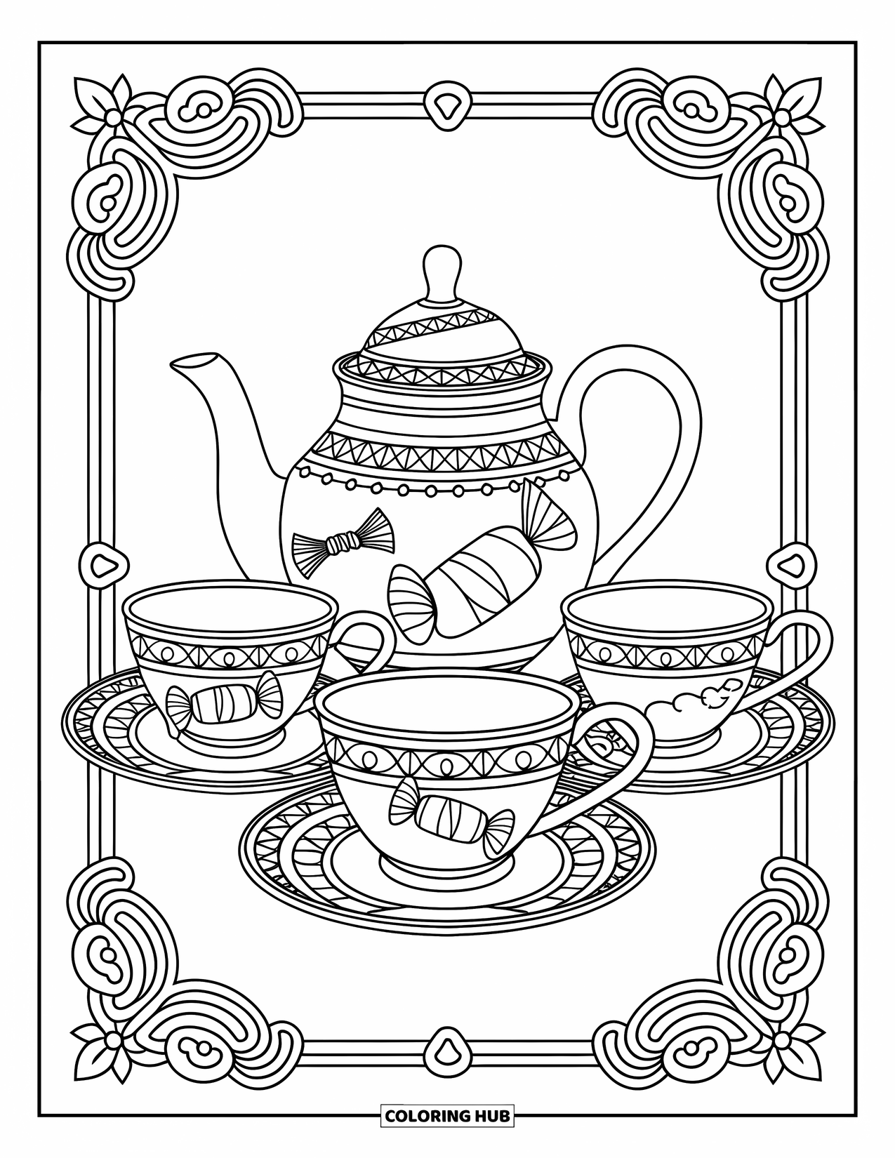 Candy Coloring Page for Adults: A detailed tea set decorated with candy motifs, featuring swirls, wrappers, and jelly beans
