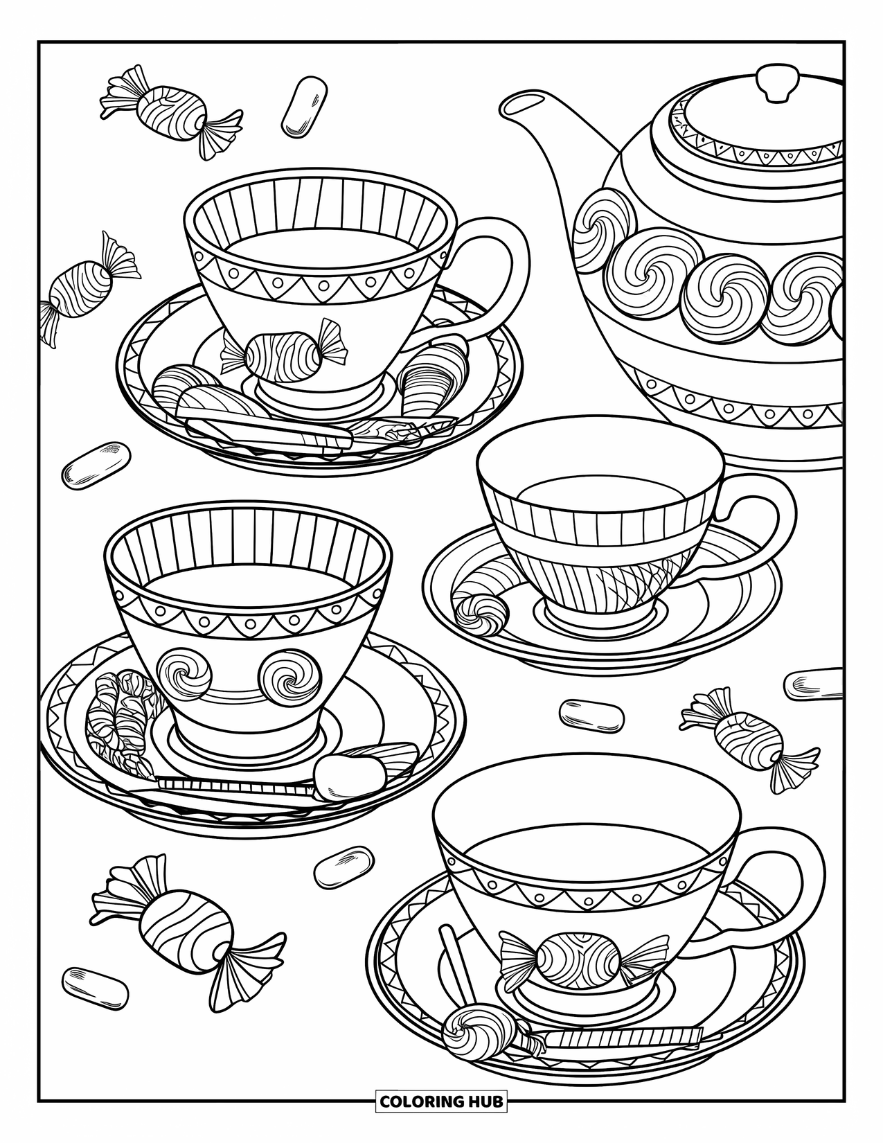 Candy Coloring Page for Adults: A detailed tea set with candy motifs like swirls and jelly beans, surrounded by candy illustrations