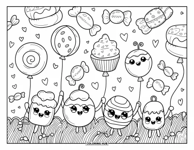 Candy Coloring Page for Adults: A field with candy-shaped balloons and cute candy characters holding them, with heart confetti falling