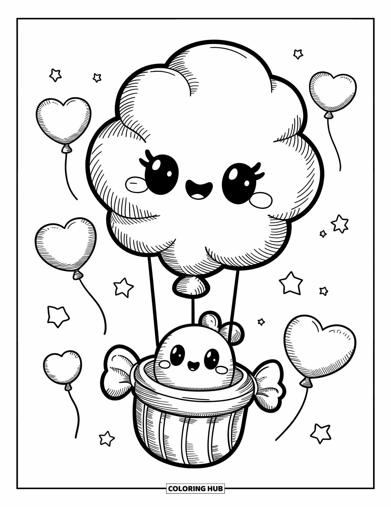 Candy Coloring Page for Adults: A fluffy cotton candy balloon lifting a tiny candy character with heart-shaped balloons and stars