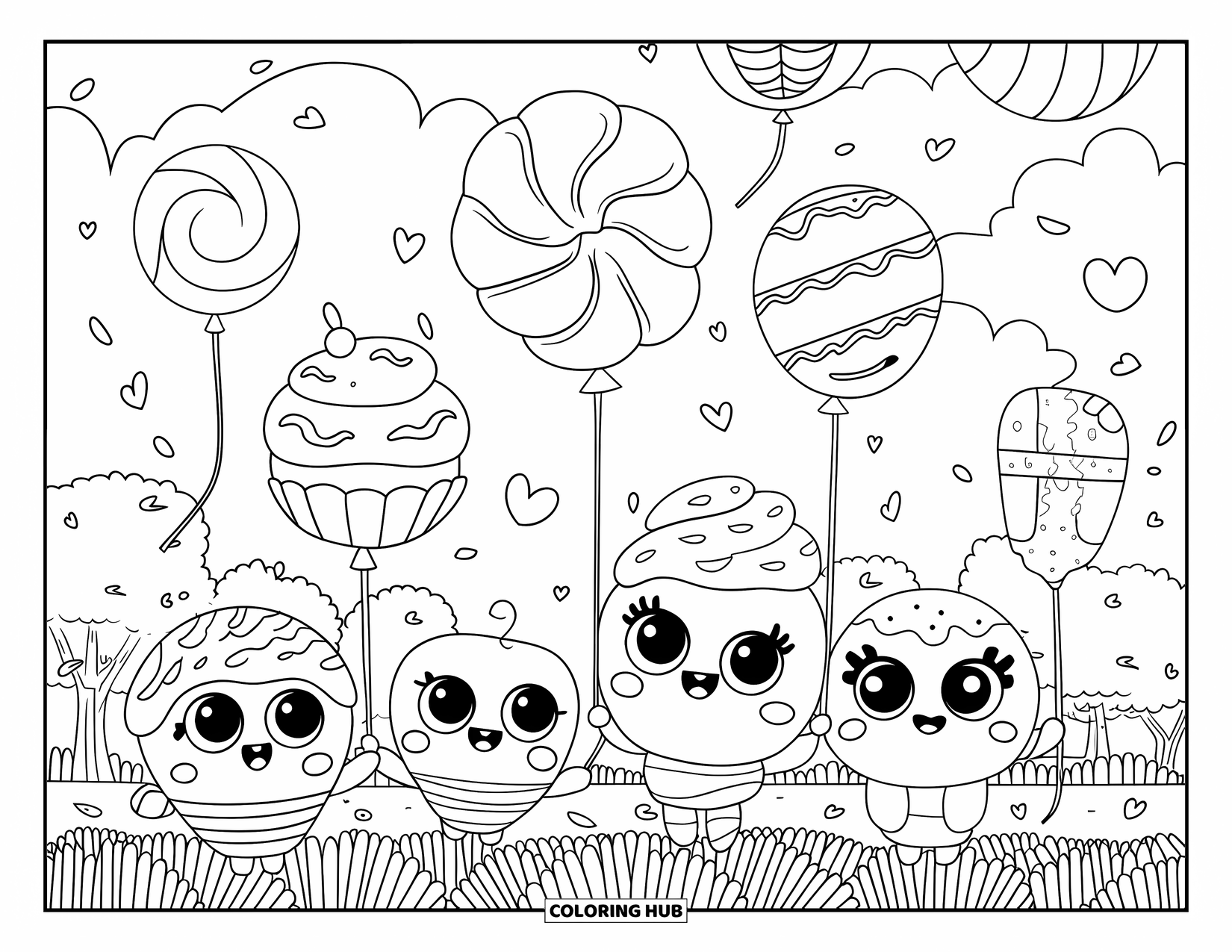 Candy Coloring Page for Adults: A kawaii candy balloon festival with floating balloons and candy characters holding them, surrounded by hearts