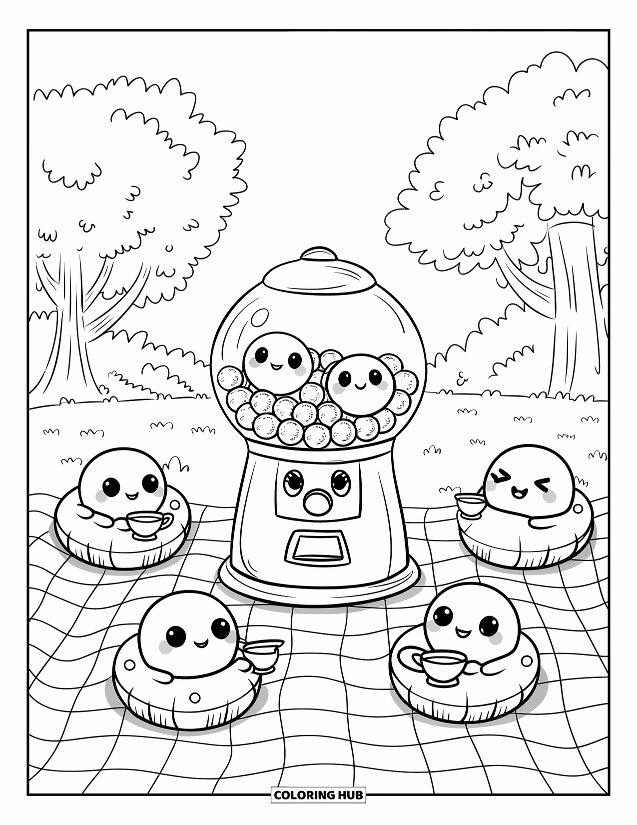 Candy Coloring Page for Adults: A kawaii gumball machine at a picnic with candies holding teacups and relaxing on pillows