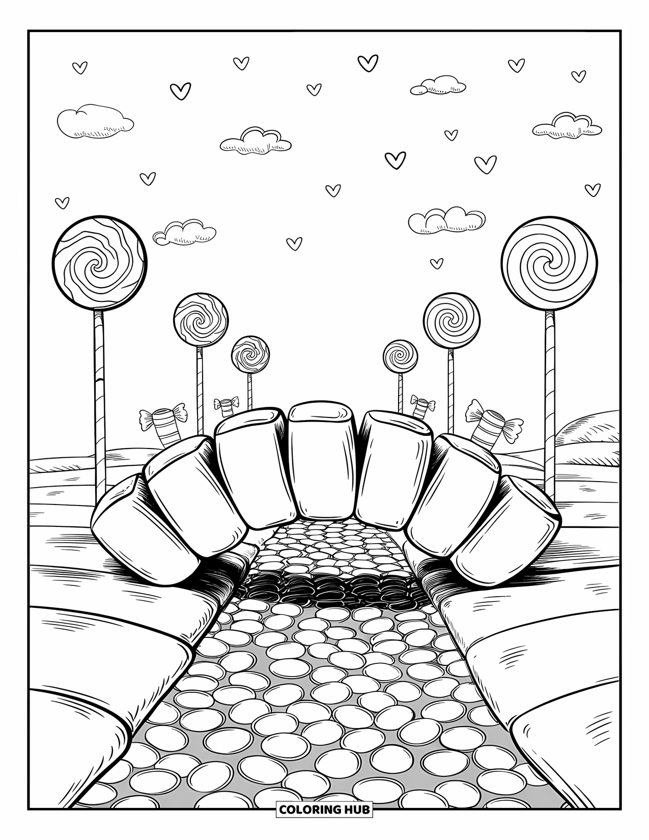 Candy Coloring Page for Adults: A marshmallow bridge arching over a jellybean river, with lollipop streetlights and heart clouds