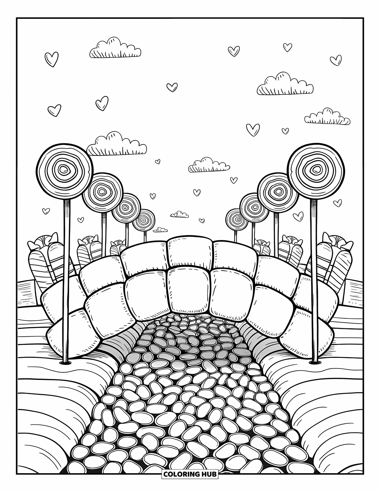 Candy Coloring Page for Adults: A marshmallow bridge over a jellybean river, lined with lollipop streetlights and heart-shaped clouds