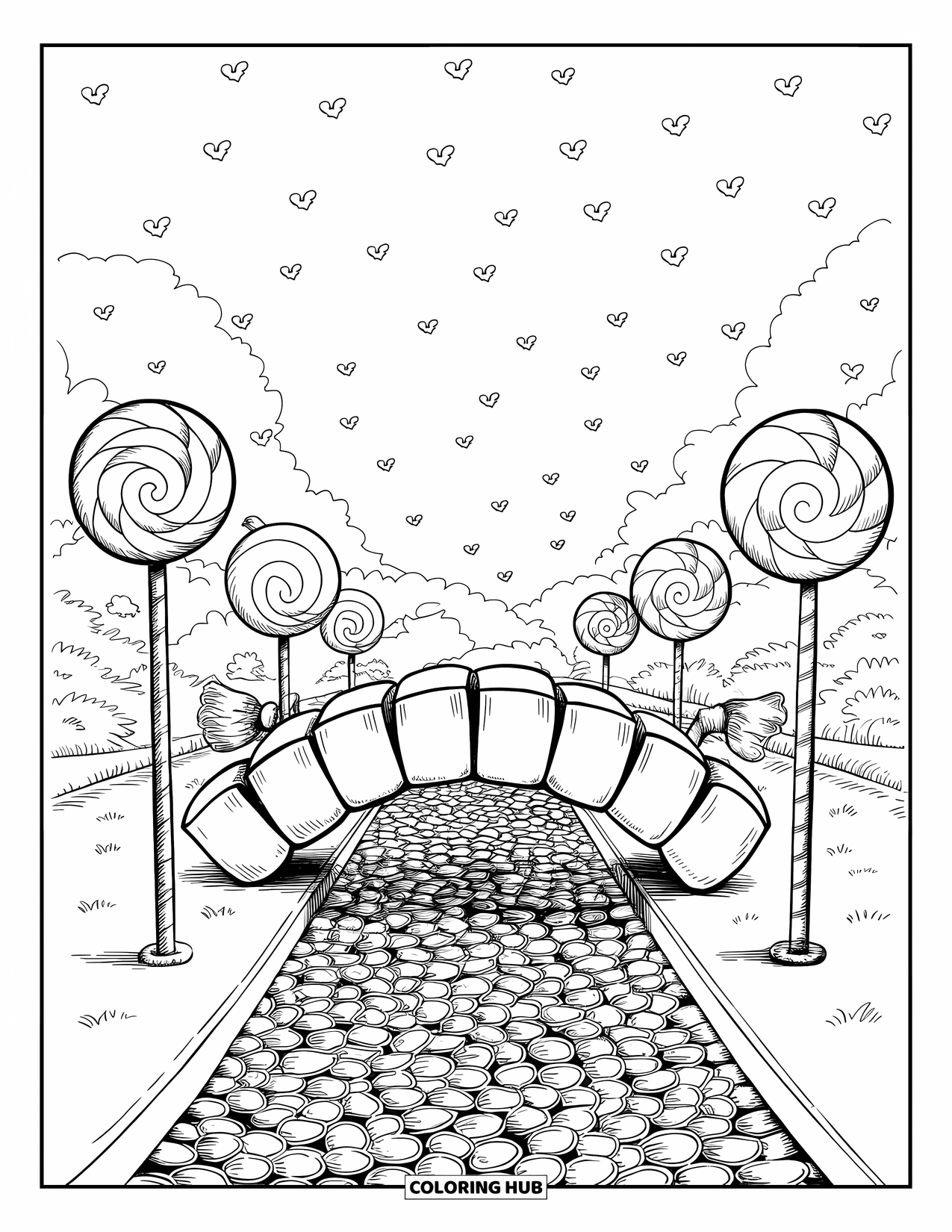 Candy Coloring Page for Adults: A marshmallow bridge over a jellybean river with lollipop lights and heart-shaped clouds above