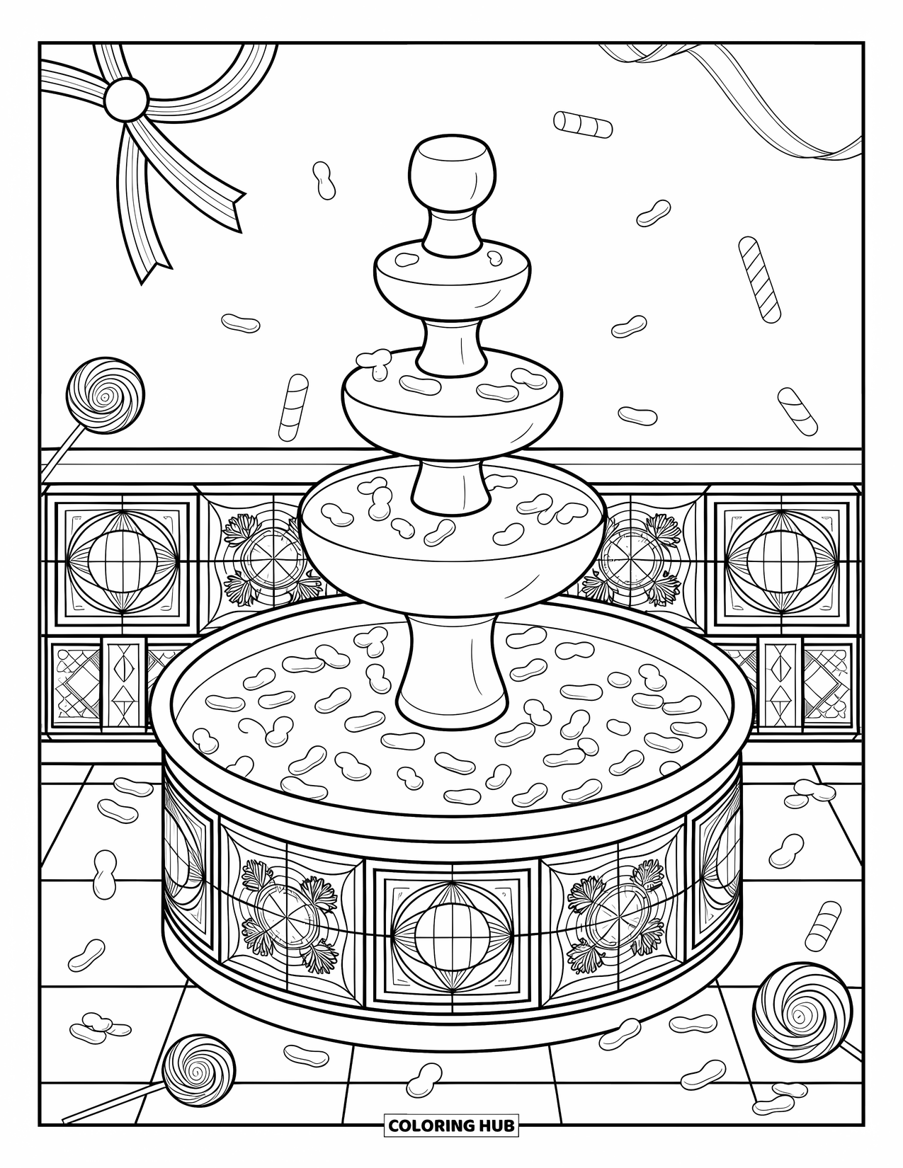 Candy Coloring Page for Adults: A multi-tiered candy fountain with candy tiles, jelly beans, candy canes, and lollipops around it