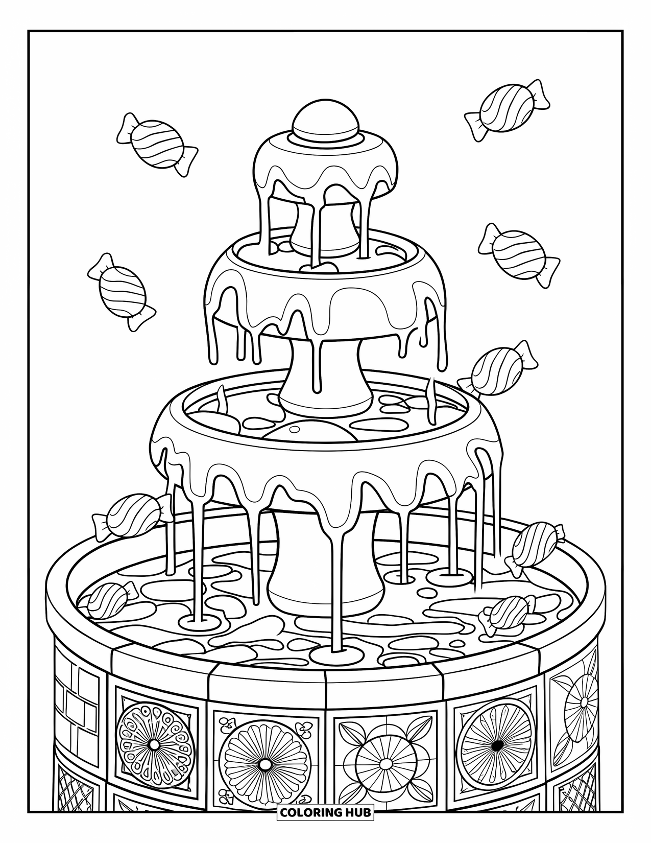 Candy Coloring Page for Adults: A multi-tiered candy fountain with liquid candy flowing down, surrounded by candy tiles and jelly beans