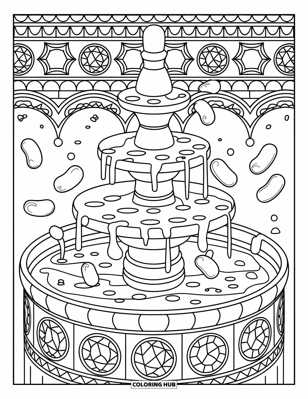 Candy Coloring Page for Adults: A multi-tiered candy fountain with liquid candy flowing down, surrounded by tiles and jelly beans