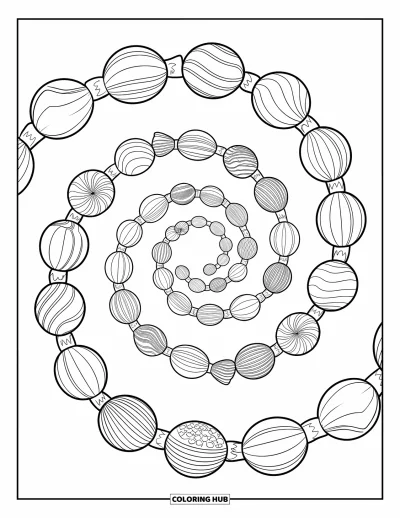 Candy Coloring Page for Adults: A spiral of wrapped candies in a circle, with clean outlines and no textures, suitable for coloring