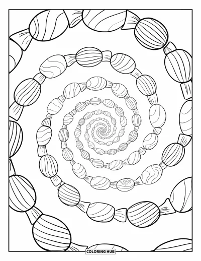 Candy Coloring Page for Adults: A spiral of wrapped candies in various shapes, creating a hypnotic and intricate pattern