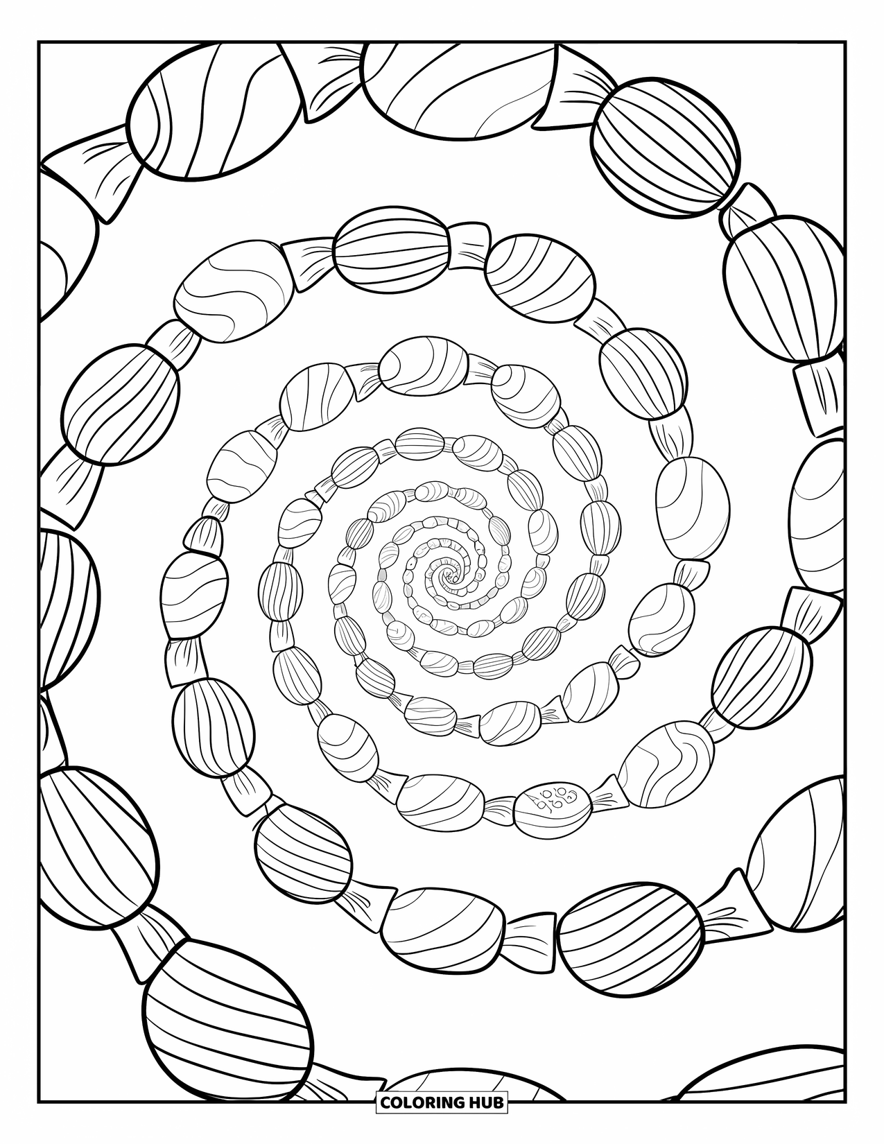 Candy Coloring Page for Adults: A spiral of wrapped candies in various shapes, creating a hypnotic and intricate pattern