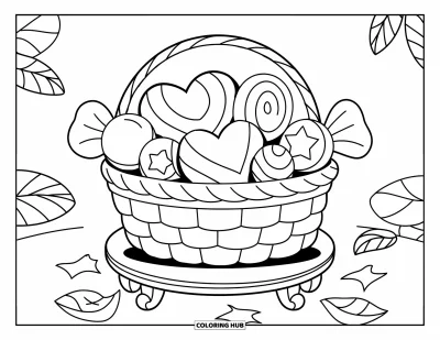 Candy Coloring Page for Kids: A basket filled with large candies in various shapes, sitting on a wooden stand with leaves