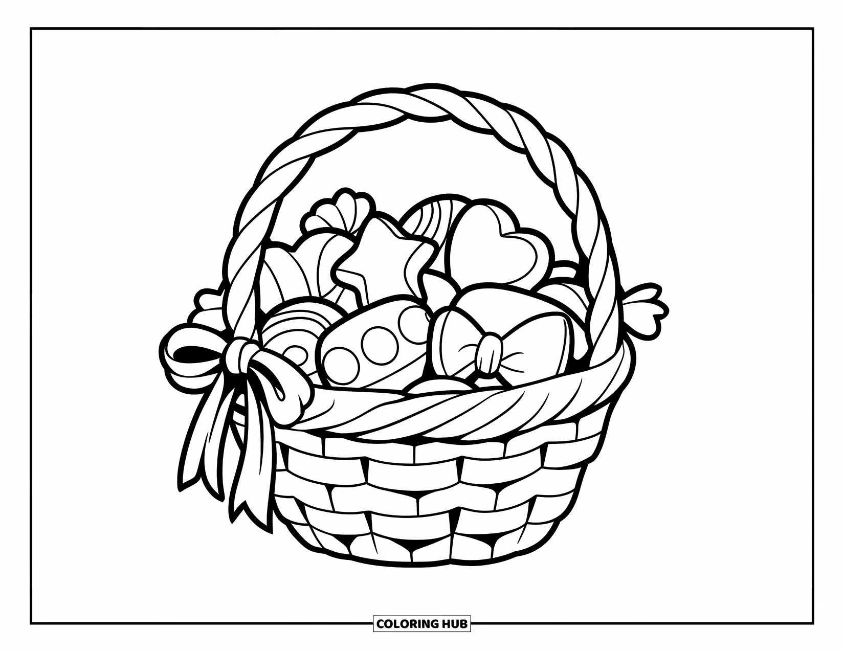 Candy Coloring Page for Kids: A basket filled with large candies in various shapes, tied with a ribbon