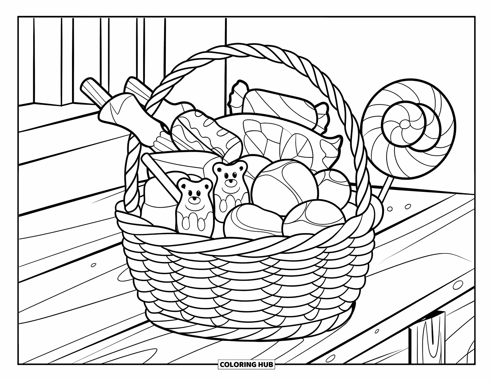 Candy Coloring Page for Kids: A basket filled with large candies, including chocolates, gummies, and lollipops, on a wooden surface