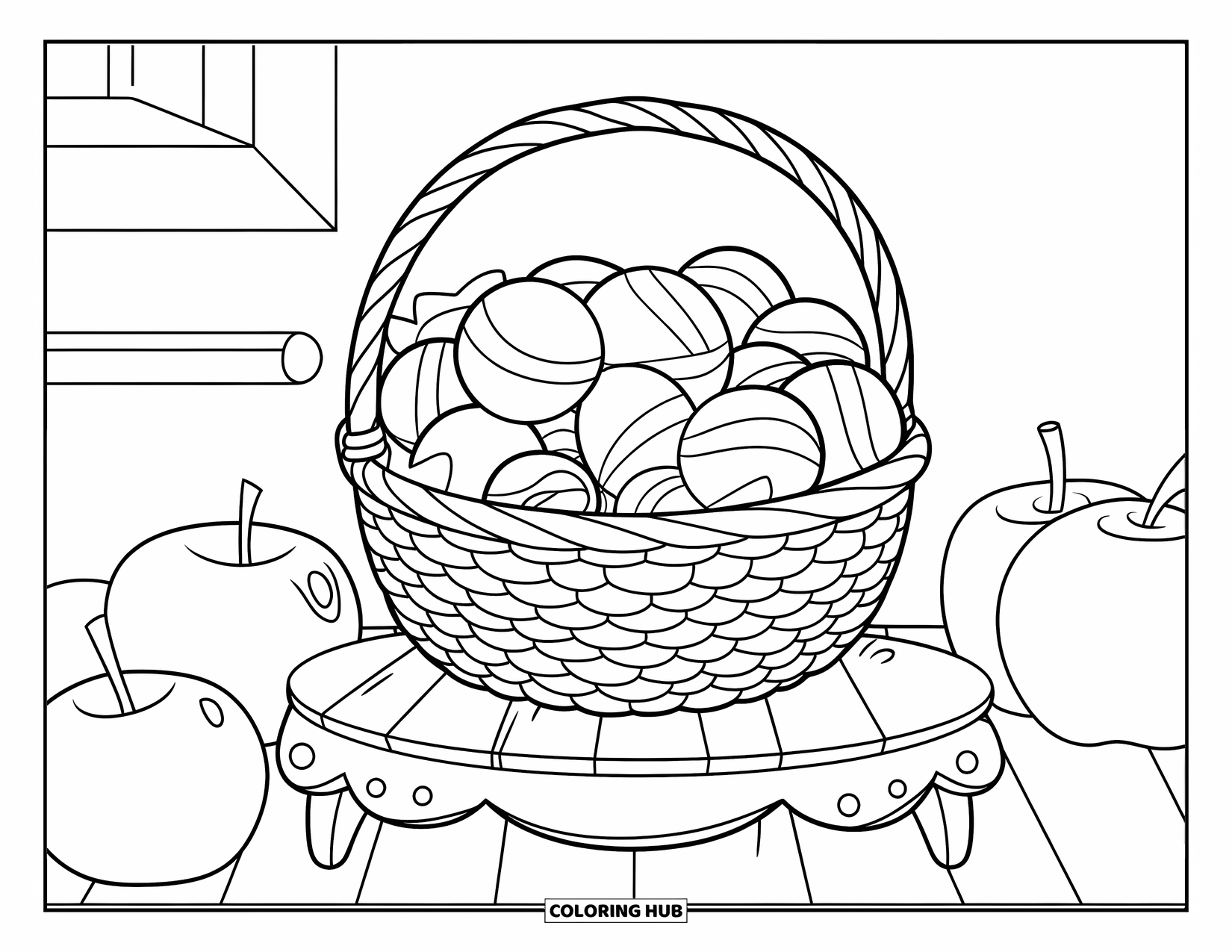 Candy Coloring Page for Kids: A basket filled with large candies, sitting on a wooden stand with apples and oranges nearby