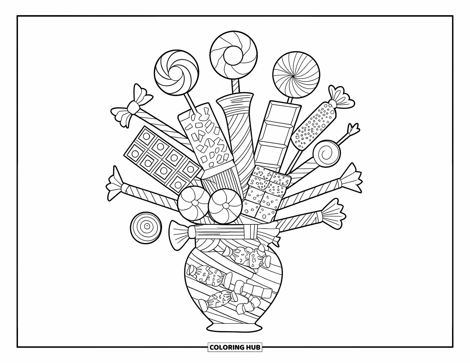 Candy Coloring Page for Kids: A candy bouquet made of various wrapped candies like licorice sticks, chocolate bars, and gummy bears