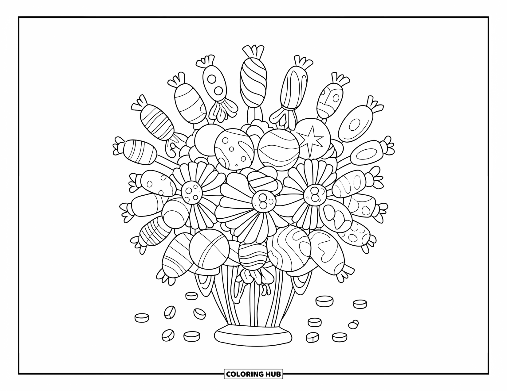 Candy Coloring Page for Kids: A candy bouquet made of wrapped candies in various shapes, arranged in a vase with scattered candies